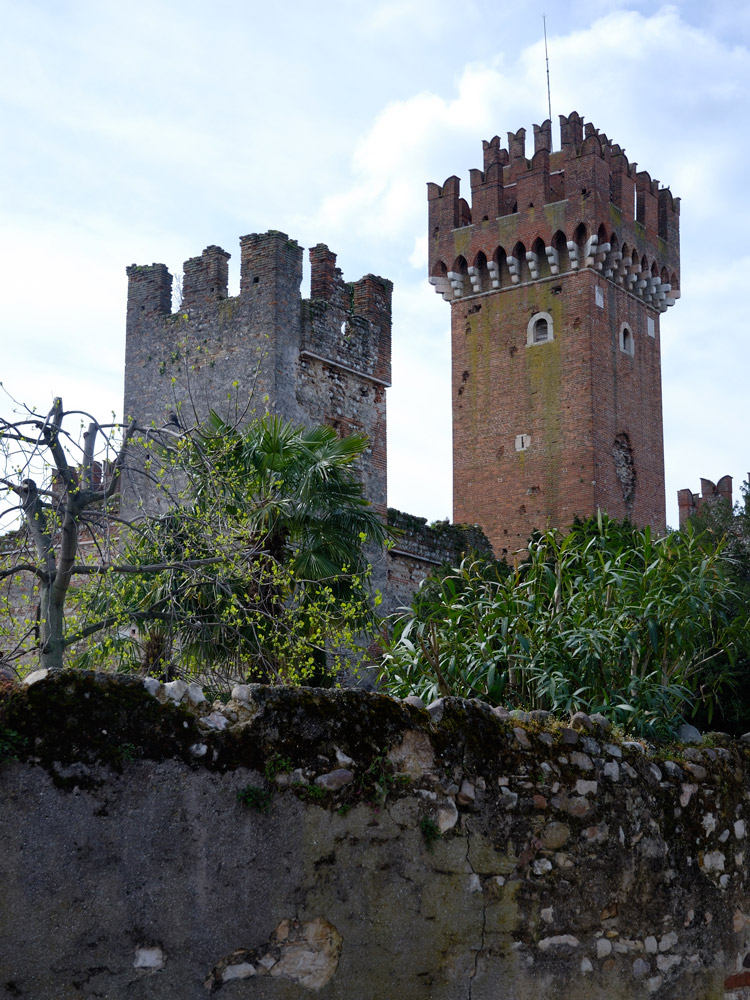 Lazise, Die Burg der Scaliger. Diese wurde gegen Ende des 9. Jahrhunderts zur Verteidigung gegen die Hunnenplage erbaut. Mehrere Umbauten sowie zusätzliche Festigungswerke folgten. Die Scaliger-Burg zählt zu den besterhaltenen Festungsanlagen am Gardasee. Charakteristisch ist der viereckige Grundriss des sechstürmigen Scaligerkastells. Neben seinen fünf etwas kleineren Türmen besteht es aus einem mächtigen Hauptturm, dem (mastio). Der Burgkomplex befindet sich im Park der Villa Bernini.
Im oberen Teil des Hauptturmes sind noch die alten Wappen zu erkennen, auch wenn sie zuerst Kaiser Maximilian und später Bartolomeo und Antonio della Scala zertrümmern ließen. "Die Gerechtigkeit des Mondragòn gibt demjenigen unrecht, der recht hat." ("La giustizia del mondragòn la ghe dà torto a chi g'ha rasòn"): Dieses Sprichwort sprachen die Lazisiensi, wenn sie das Mauerwappen kommentierten. Es macht deutlich, welch mangelndes Vertrauen die Bürger von Lazise der Gewaltherrschaft entgegenbrachten.