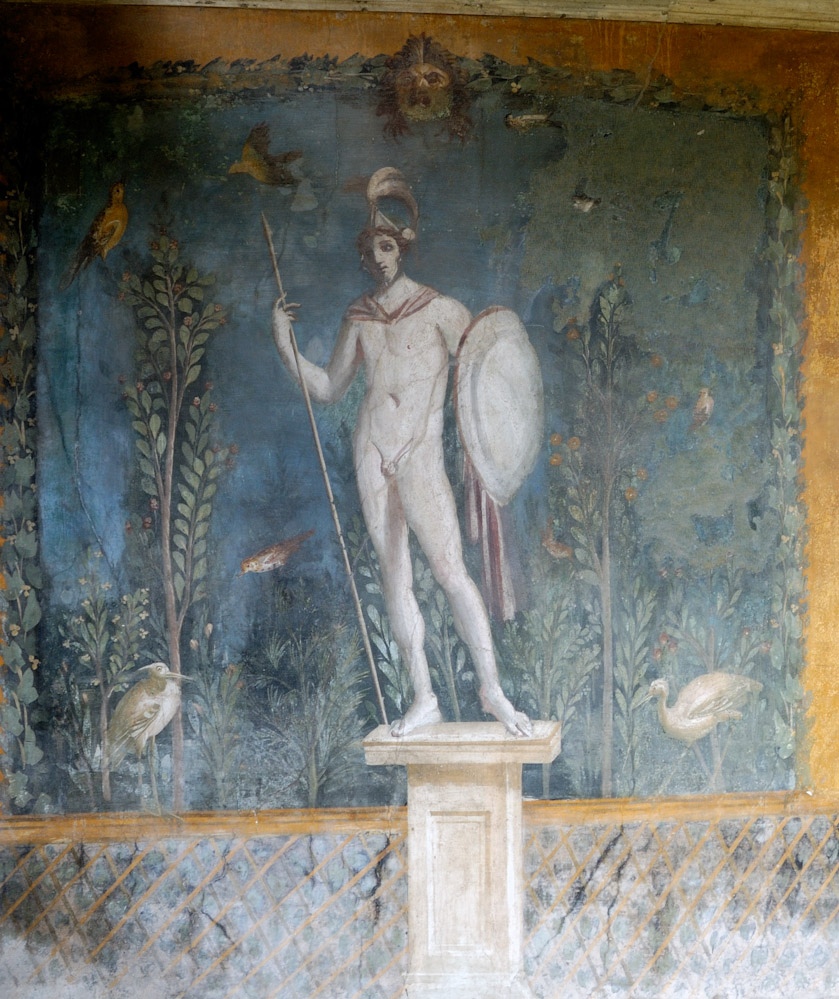 Pompei, Im Haus der Venus, der Kriegsgott Mars, ein weiteres Gemälde an der Gartenrückseite.