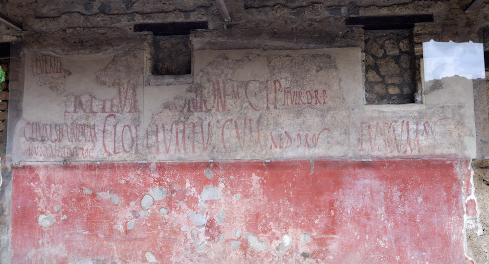 Pompei, Fassadenbemalung eines Gasthauses  an der Via dell` Ábbondanza.