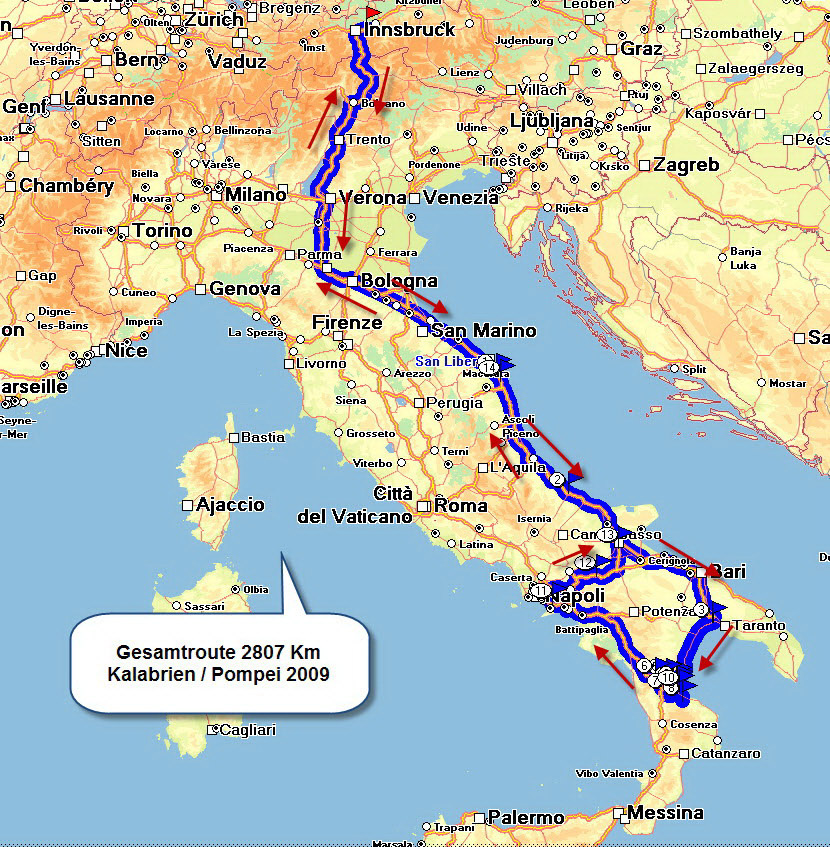 Osterferien Kalabrien & Pompei April 2009 vom 5.4. bis 14.4.2009, gefahrene Gesamtstrecke ca. 2807 Km mit dem WoMo  und dem Leihwagen vom CP Onda Azzurra.
