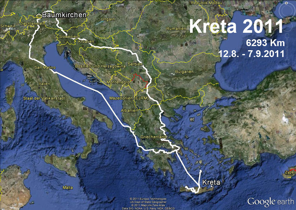 Auf dieser Reise legen wir insgesamt 6293 Km zurück, allerdings inklusive Fähren und Mietwagen. Die reine WoMo-Strecke beträgt ungefähr 3700 Km, und das in 4 Wochen. Die Entspann- und Ruhephasen sind also ausreichend vorhanden. Erstmalls benutzen wir den Landweg durch den Balkan (Autoput) für die Heimreise und nicht die Fähre (Patras - Ancona), dazu aber später mehr.