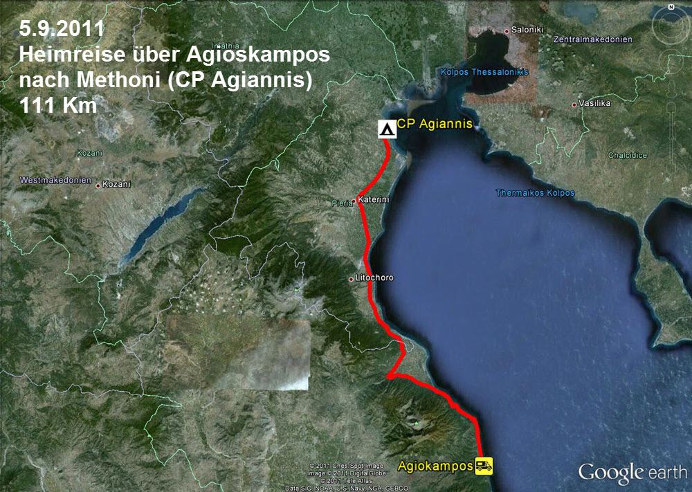 5.9.2011 Unser Ziel heute ist der CP Agiannis in der Nähe von Methoni. Wir finden es ist ein sehr guter Ausgangspunkt zum Durchqueren des Balkans in einer Etappe bis nach Österreich. Hier werden wir heute noch einmal Kraft sammeln für die morgige Balkan-Etappe.