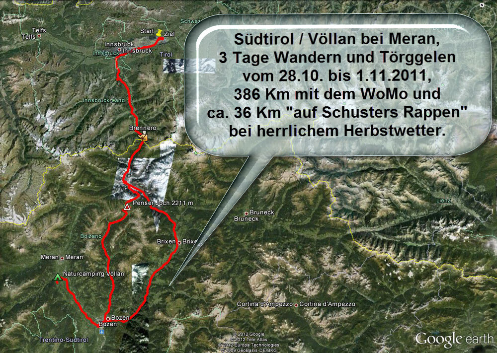 28.10. Am Nachmittag nach der Arbeit beladen wir das WoMo mit der Wanderausrüstung und starten Richtung Südtirol. Der Wetterbericht für die nächsten Tage ist sehr vielversprechend --> wolkenloses, warmes Herbstwetter wird vorausgesagt. Aufgrund der guten Verkehrslage auf der Brennerautobahn können wir schon 2 Std. später am Naturcamping Völlan einchecken.