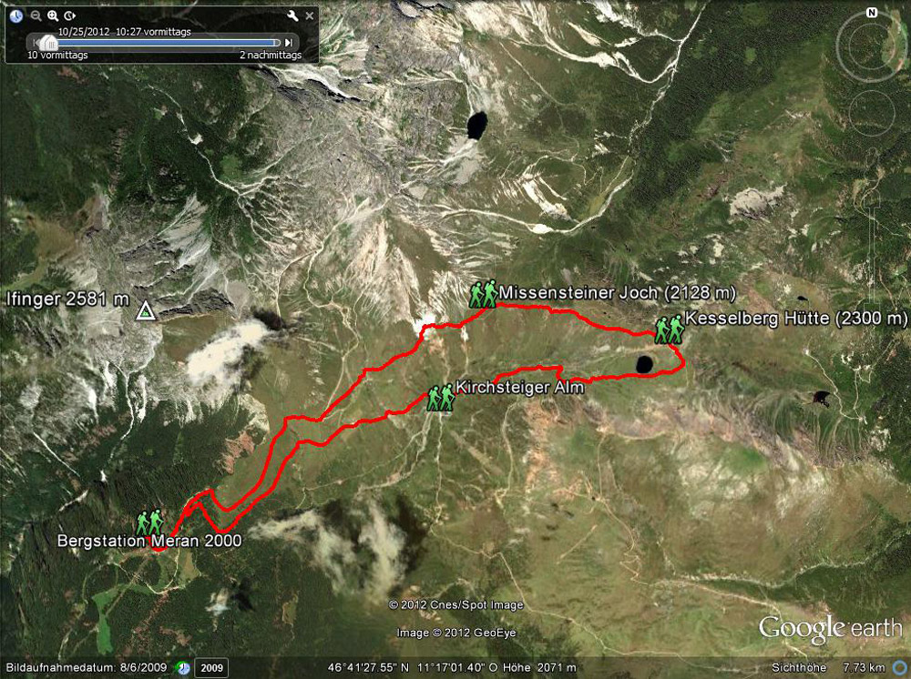 ...Die Tagesroute für heute: von der Bergstation Meran 2000 (1860 m) wandern wir unterm Ifinger (2581 m) hinauf zum Missensteiner Joch (2128 m) weiter zur Kesselberghütte (2300 m), dann vorbei am Wasserreservoir hinunter zur Kirchsteiger Alm wieder zurück zur Bergstation Meran 2000...
