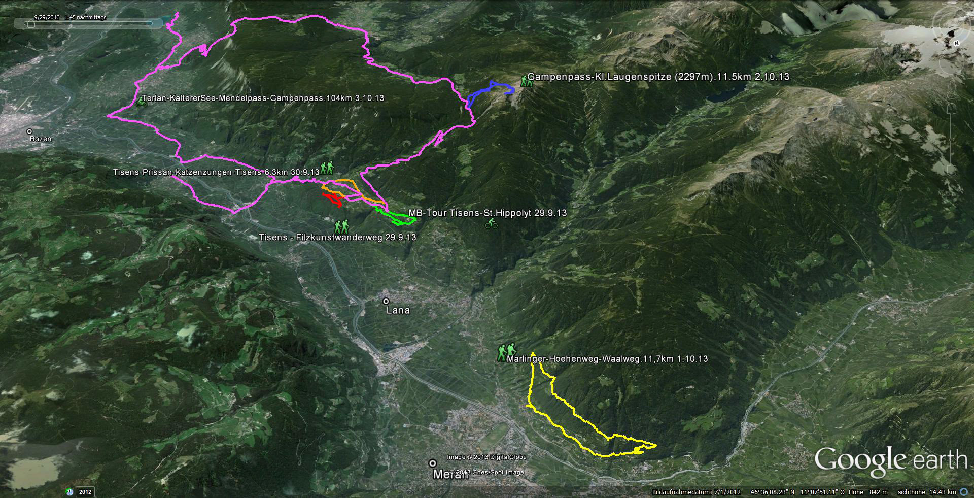 27.9. bis 4.10.2013 - Eine Woche Wandern, Radeln und Ausspannen in Südtirol. Auf dieser Übersichtskarte sind unsere Aktivitäten eingezeichnet.