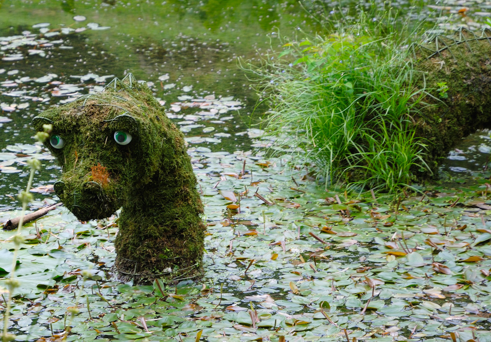 ...und sogar Nessie war gerade auf Besuch in Trebah....   :-)             Weiter ging die Fahrt zum Pennance Mill Farm Camping (nahe Falmouth) durch extrem enge Strassen. Das erste Mal auf dieser Tour machten wir Bekanntschaft mit den typischen cornischen Nebenstrassen, Hohlwege mit Erdwällen links und rechts, das ganze mit einer Hecke überdacht, aber wir hatten es ja nicht eilig und so wurde auch diese Hürde ohne Beschädigungen genommen.