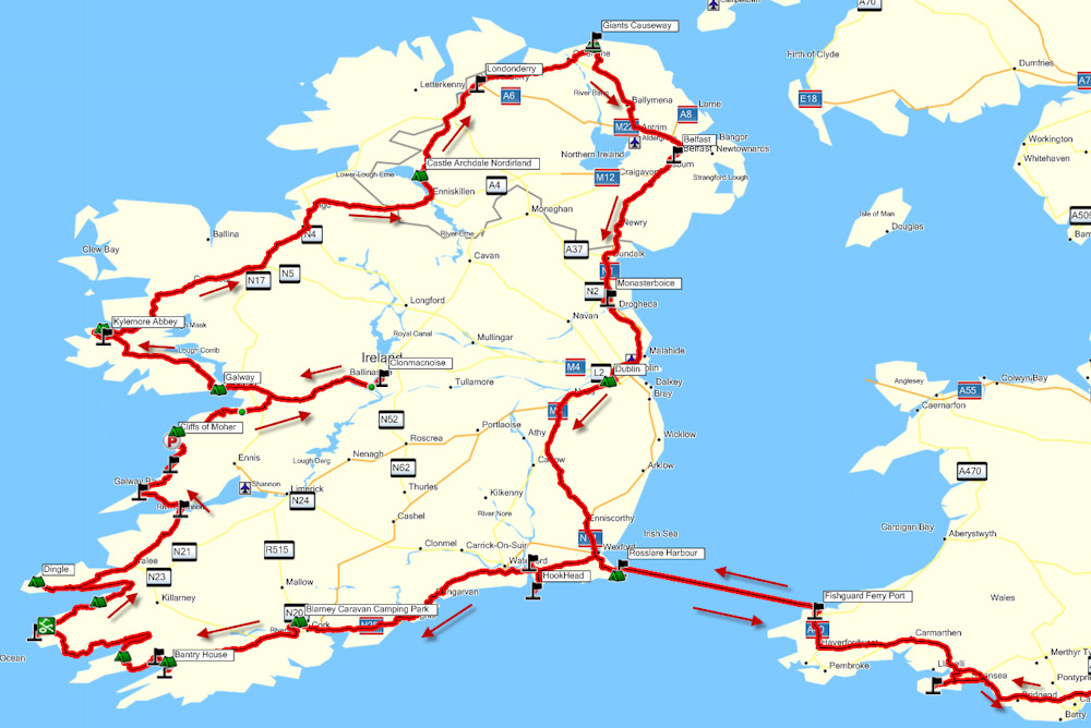 Irland wurde von uns im Uhrzeigersinn umrundet, beginnend im Fährhafen Rosslare im Südosten, nach Westen auf die Dingle-Halbinsel, rauf nach Nordirland und entlang der Ostküste nach Dublin.