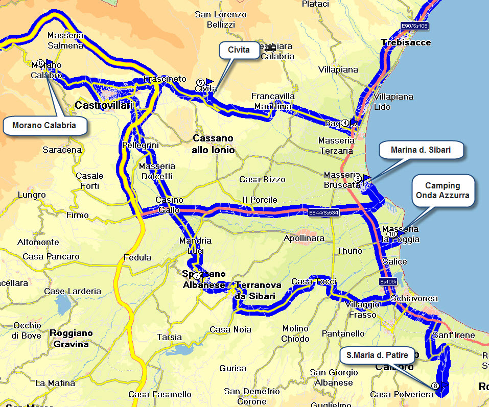 Routenplan des Tagesausfluges am Karfreitag mit dem Fiat Panda 4x4 vom CP Onda Azzurra. Wir fuhren über Marina d. Sibari nach Civita und Morano Calabro weiter über Spezzano Albanese zum Kloster S.Maria d. Patire und zurück zum CP.