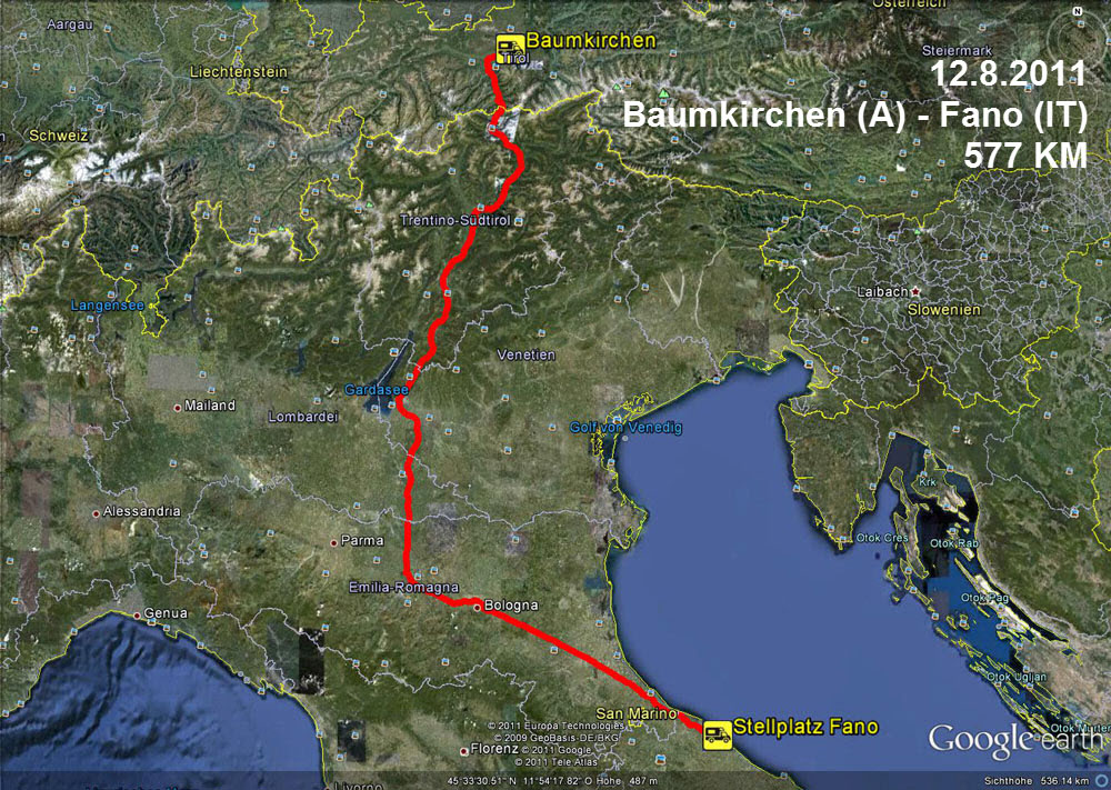 12.8.2011 Das Reisemobil wurde in den Tagen zuvor reisefertig gemacht und wartet nun vor der Haustür bis es endlich losgeht. Mittags war es dann soweit wir brechen auf zur ersten Etappe. 577 Km liegen vor uns, das Heutige Ziel ist der Stellplatz in Fano(I) an der Adria. Nach 7 Std. problemloser Fahrt stellen wir das WoMo am letzten freien Stellplatz ab und sind froh, dass unser Urlaub endlich begonnen hat.