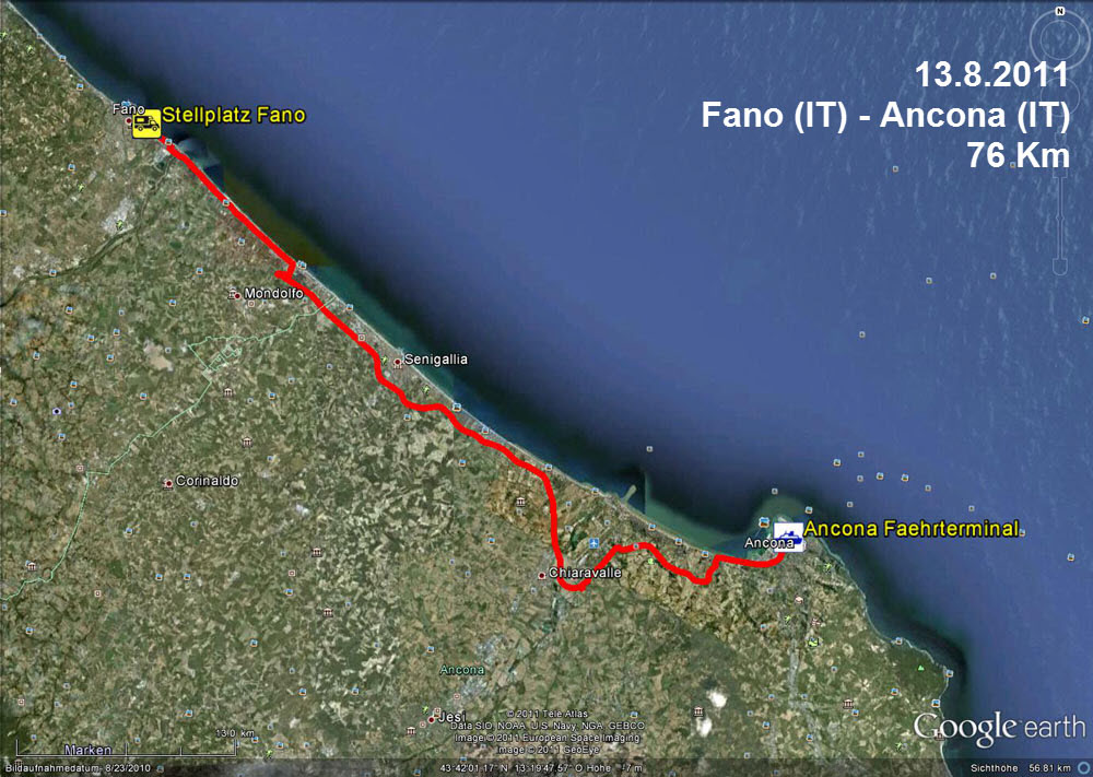 13.8.2011 nach dem Frühstück brechen wir auf nach Ancona. Die 76 Km immer entlang der Adria sind nach 1,5 Std. geschafft und gegen Mittag erhalte ich die gebuchten Fährtickets am Schalter der Minoan-Line.