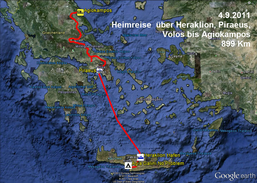 4.9.2011 Heute beginnt also die Heimreise. Um 14:00 Uhr legt unsere Fähre in Heraklion ab nach Piraeus. Von dort wollen wir noch ein Stück nach Norden fahren, soweit wie es der Verkehr rund um Athen zulässt.