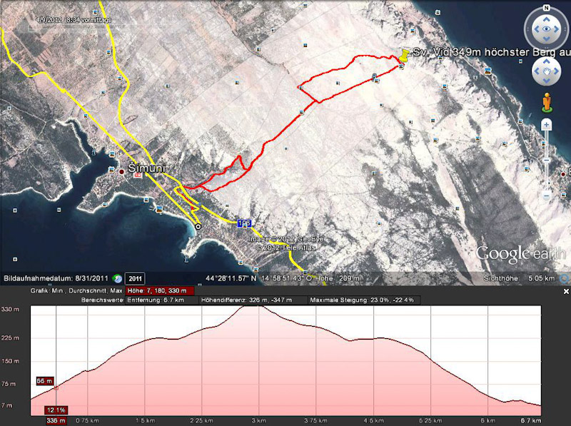 10.4. Höchster "Berg" auf Pag ist der Sv. Vid mit furchteinflössenden 349 m, und der wird heute bezwungen...