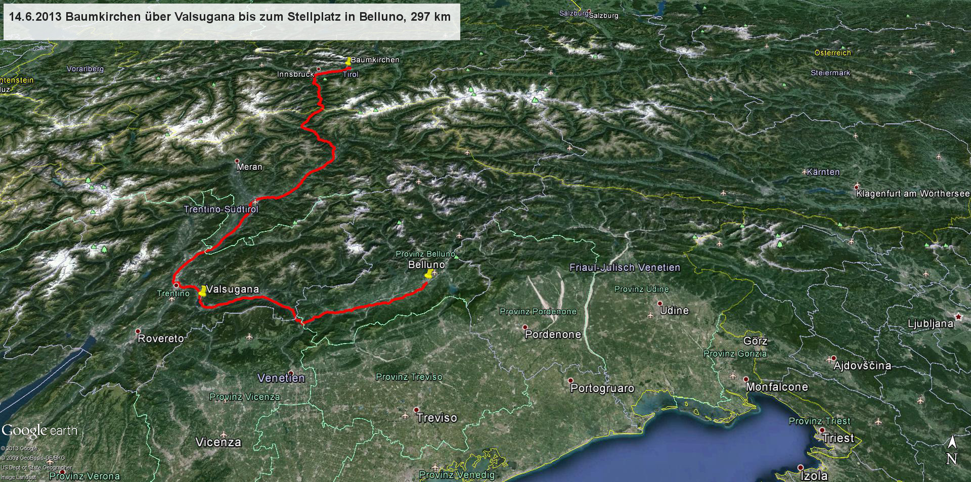 Die erste Etappe führt uns wieder über den Brennerpass nach Trient, durch das Valsugana nach Belluno, wo wir am frühen Abend am Stellplatz eintreffen. Die ersten 297 km verlaufen problemlos, nur auf der Brennerautobahn bis Trient herrscht reger Verkehr in Richtung Süden.