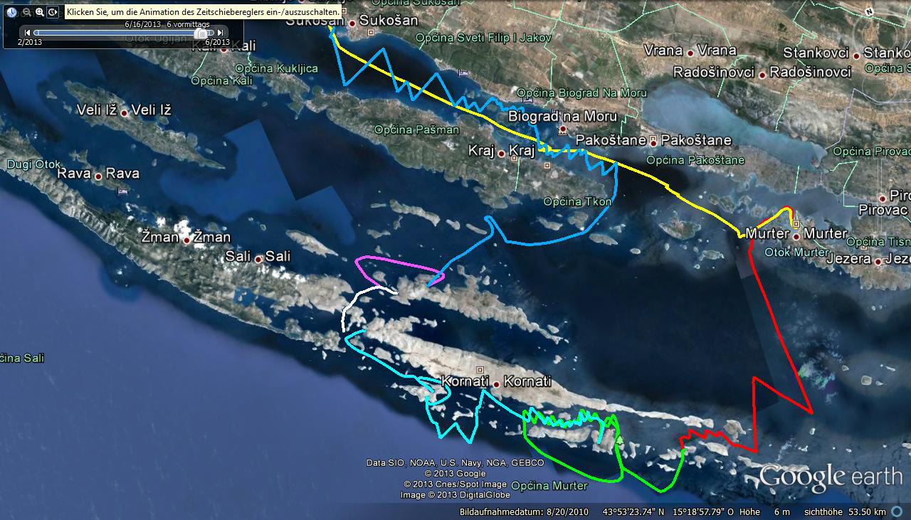 Ich habe während des ganzen Segeltörns meinen Garmin-Tracker aufzeichnen lassen. Insgesamt sind wir 235 km in den Kornaten unterwegs, davon ca. 190 km unter Segel, also nur ca. 45 km mit Motorunterstützung. Hier farblich dargestellt die einzelnen Tagesfahrten. Morgen geht´s endlich los...