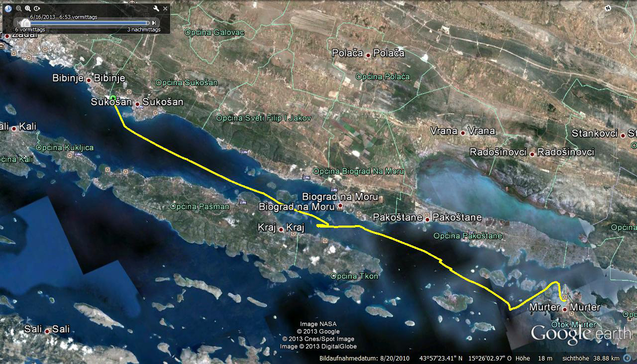 16.6. Unser erster Tag führt uns von Sukosan nach Süden entlang der Insel Pasman vorbei an Biograd na Moru zur Insel Murter mit der gleichnamigen Marina. 40,4 km liegen vor uns...