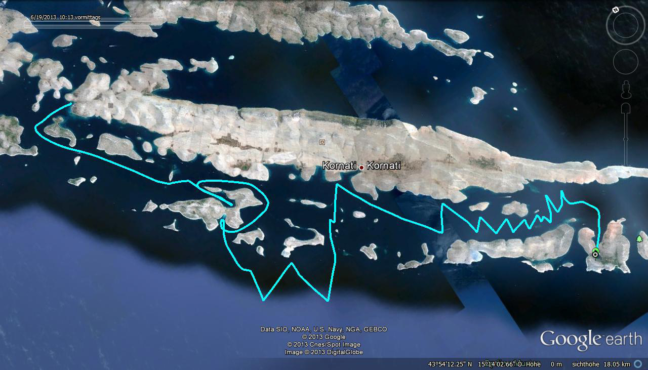 19.6. Von Lavsa nordwärts vorbei an Mana, Levrnaka, Sestrica nach Suha Punta auf der Nordspitze der Insel Kornat, 40,9 km