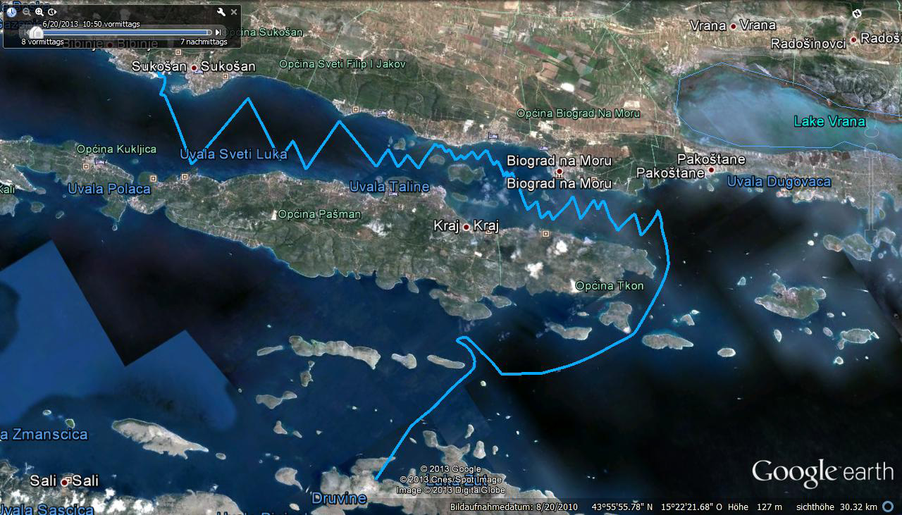 21.6. Von Zut nach Osten vorbei an der Südspitze von Pasman und Biograd zurück nach Sukosan, die letzte Segeletappe, aber die längste und anspruchvollste mit 62,3 km davon 60 km unter Segel bei tollen Wind...