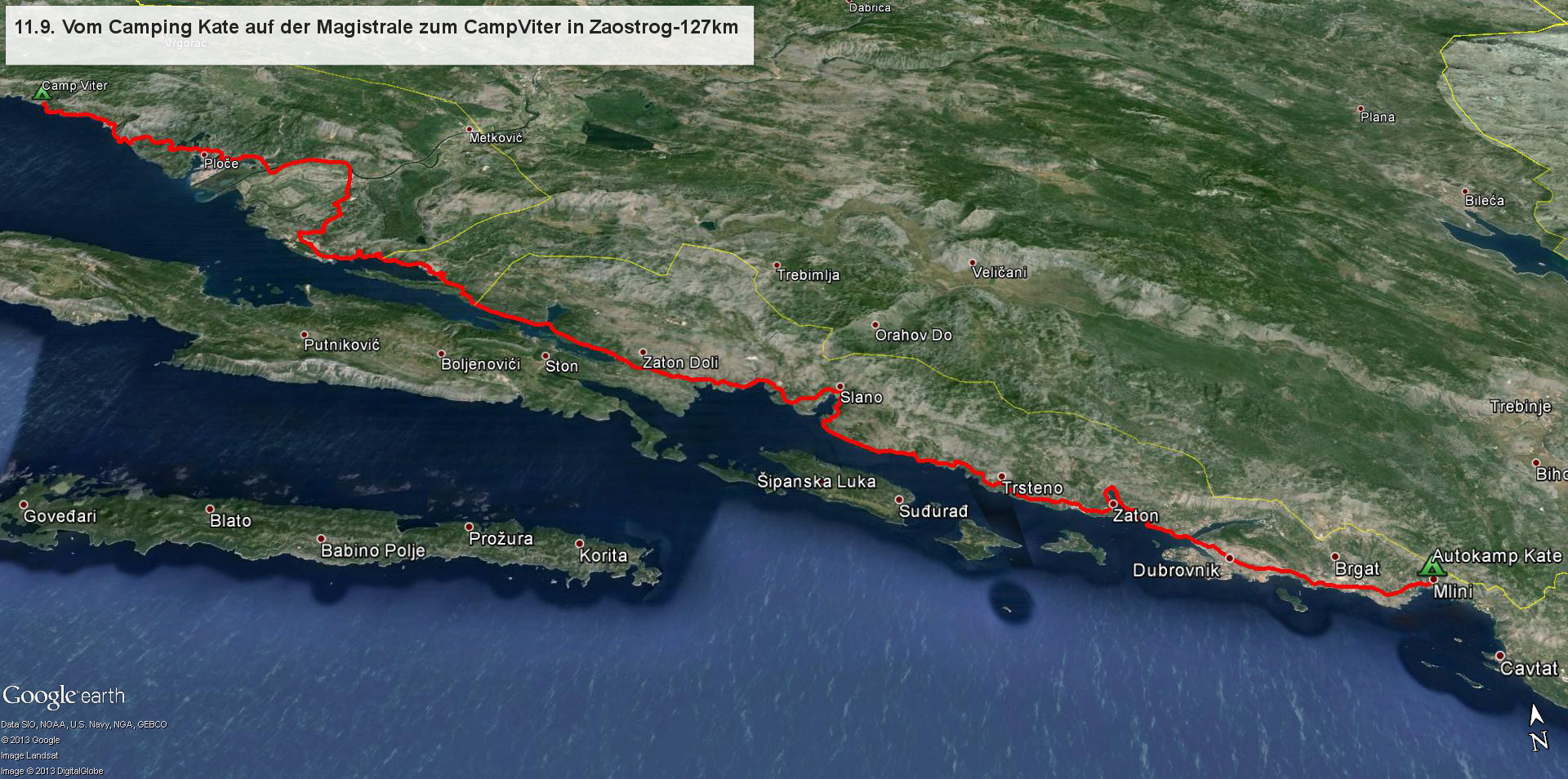 11.9. Heute wollen wir an die schöne Makarska Riviera, genauer nach Zaostrog. Es herrscht wenig Verkehr auf der Magistrale, die Grenze Kroatien-Bosnien-Kroatien bei Neum ist auch rasch passiert. Das Neretva-Delta bei Ploce kennen wir auch schon gut von früheren Reisen. Wir wollen den schönen Tag zum Baden nutzen and dafür ist das Camp Viter in Zaostrog mit seinen tollen Kiesstrand ideal...