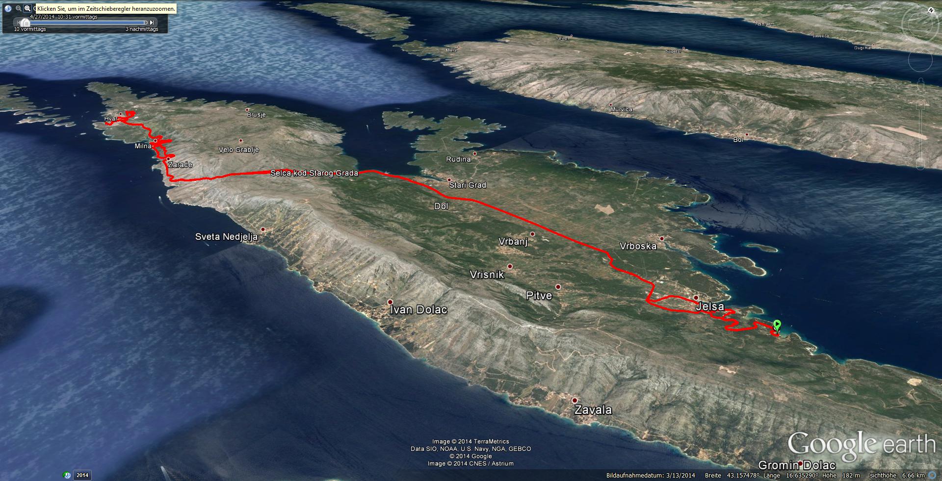 Von Jelsa nach Hvar sind es ca. 30 km, insgesamt sind wir 69 km mit dem Motorrad unterwegs...