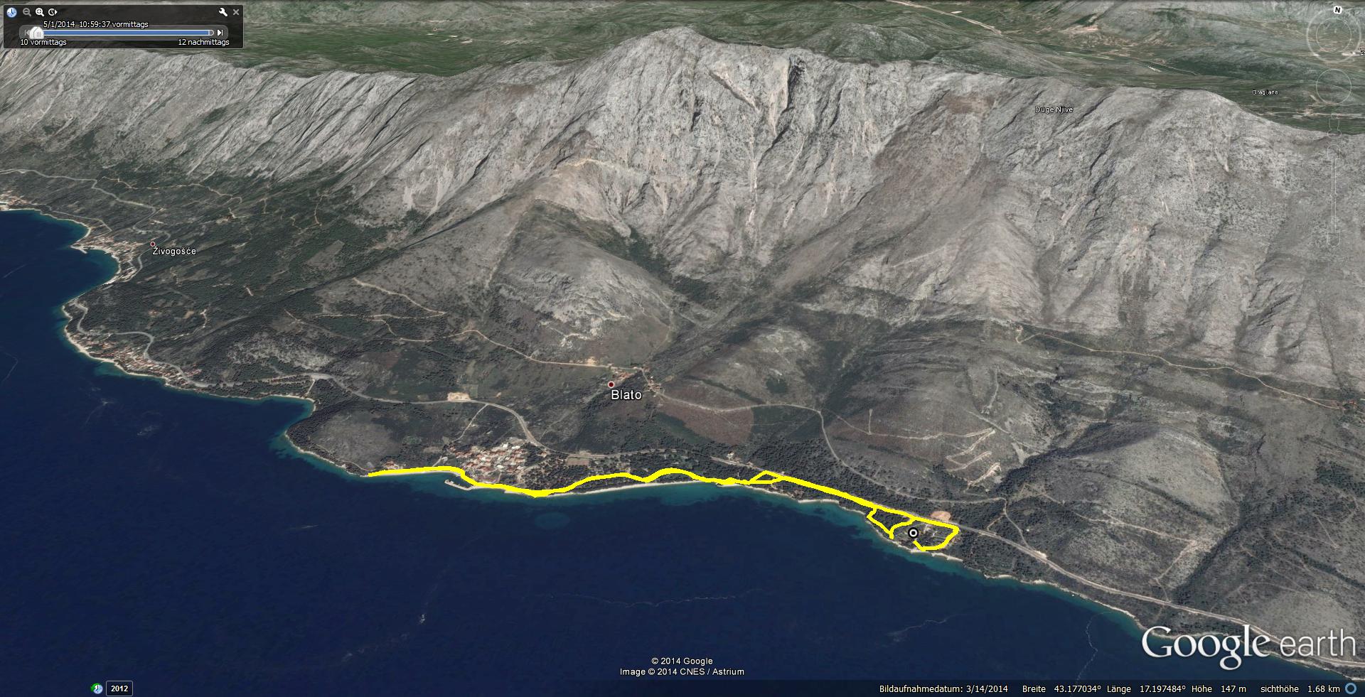 1.5. Heute wollen wir wieder ein wenig zu Fuss die Gegend erkunden und so machen wir uns auf den Weg nach Zivogosce, hin und retour also knapp 5 km...