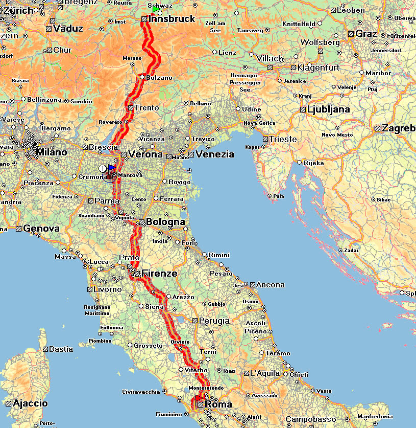 Anreise 17.12. und 18.12.08, übernachten wollten wir auf dem Stellplatz in Grazie di Curtatone bei Mantua, dieser war leider geschlossen (noch bis März 2009), so fuhren wir weiter bis nach Carpi und standen auf den riesigen Parkplatz vorm Schwimmbad, es war eine ruhige Nacht. Am nächsten Morgen ging es weiter nach Rom, wo wir um ca. 14:30 Uhr am Camping Roma  ankamen. Gesamtstrecke 813 Km.