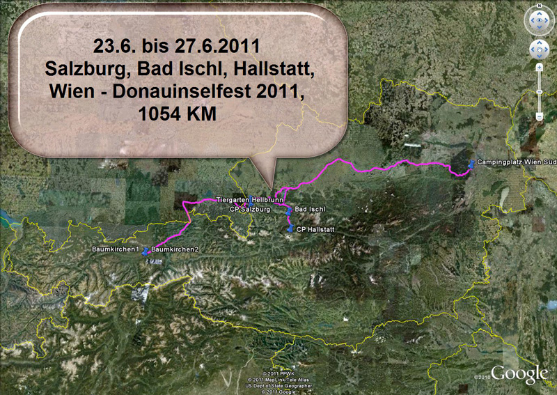 23.6. Spontan entscheiden wir uns unsere Tochter in Wien zu besuchen. Auf dem Weg dorthin wollen wir noch in Salzburg, Bad Ischl und Hallstatt Zwischenstops einlegen. Leider war für das Wochenende der Wetterbericht alles andere als gut, aber es sollte noch viel dicker kommen...