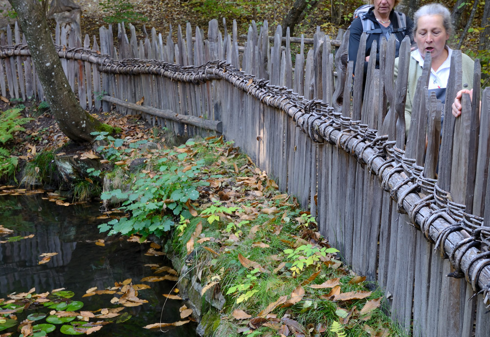 ...kunstvoller Zaun aus "Kastanienstecken" und Weidenruten als Absperrung rund um einen Weiher am Kastanienerlebnisweg...