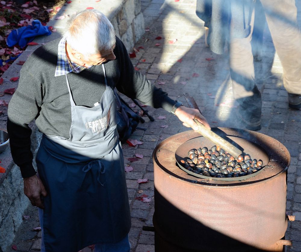 Nach einer vierstündigen leichten Wanderung mit geballter Ladung Kastanieninformationen treffen wir wieder im Vereinshaus ein. Es werden lecker Knödel, Braten, Krapfen und Kraut serviert, und vorm Haus brät der Sepp die Keschtn...reichlich Vino und frisch gepressten Apfelsaft gibt es auch ... ;-)