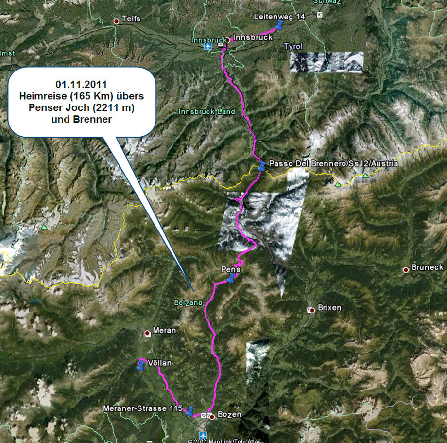 1.11.2011 Sooo, es geht nach Hause. Das Traumwetter erlaubt es uns durch das  Sarntal über das Penser Joch, Sterzing und Brenner nach Hause zu fahren. Normalerweise ist diese Route mit dem WoMo in dieser Jahreszeit und schon gar nicht mit Sommerreifen nicht machbar, aber der extrem milde Herbst macht es möglich...