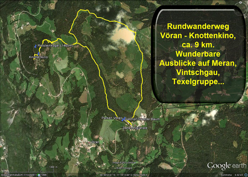 Nette Tour (Tagesausflug) bei Traumwetter zum Knottekino.
Das Knottnkino, auch Knottenkino, ist ein besonders gestalteter Aussichtspunkt auf dem Porphyrfelsen Rotsteinkogel in 1465 m s.l.m. bei dem Südtiroler Ort Vöran über Burgstall. „Knottn“ bedeutet im Südtiroler Dialekt „Fels“.