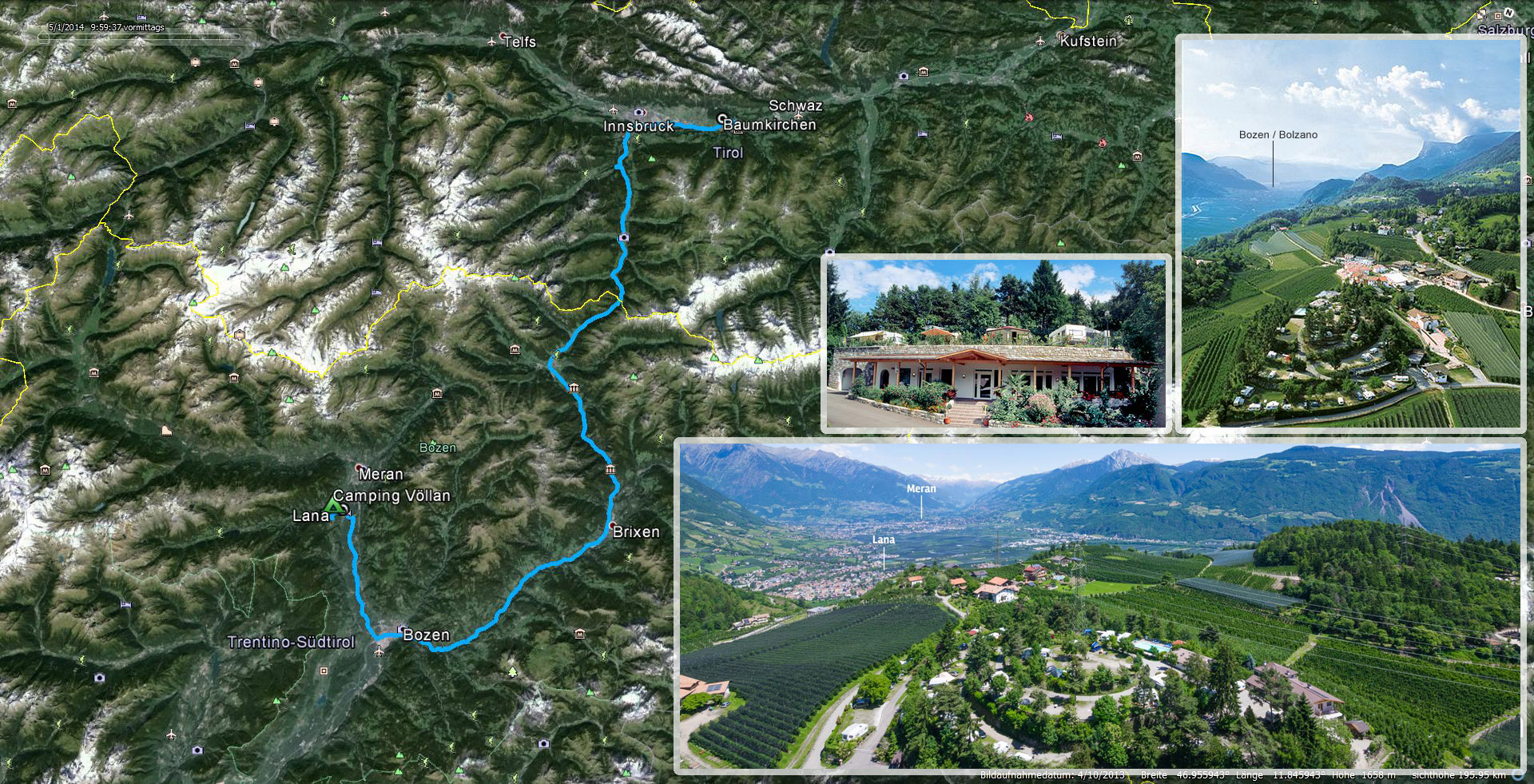 30.10. Daniela muss noch bis Mittag arbeiten, ich packe am Vormittag das Womo. um 13 Uhr treffen wir uns mit Claudia und Markus kurz vor Innsbruck auf der Raststätte. Wir fahren gemütlich bei wenig Verkehr nach Völlan zum Naturcamping. Um 15:30 Uhr fahren wir auf den fast leeren CP...