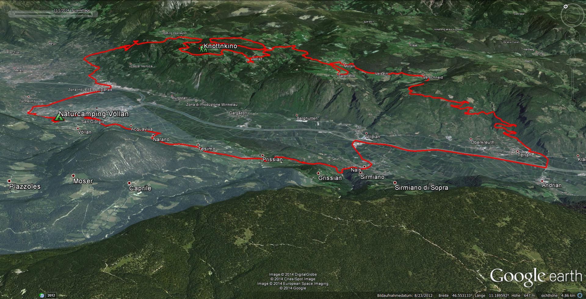 1.11. Um 8 Uhr weckt uns die Sonne, ein weiterer traumhafter Herbsttag kündigt sich an. Wir wollen nach dem Frühstück rüber auf die andere Talseite nach Vöran zum Knottnkino, ein Aussichtspunkt hoch über dem Etschtal...